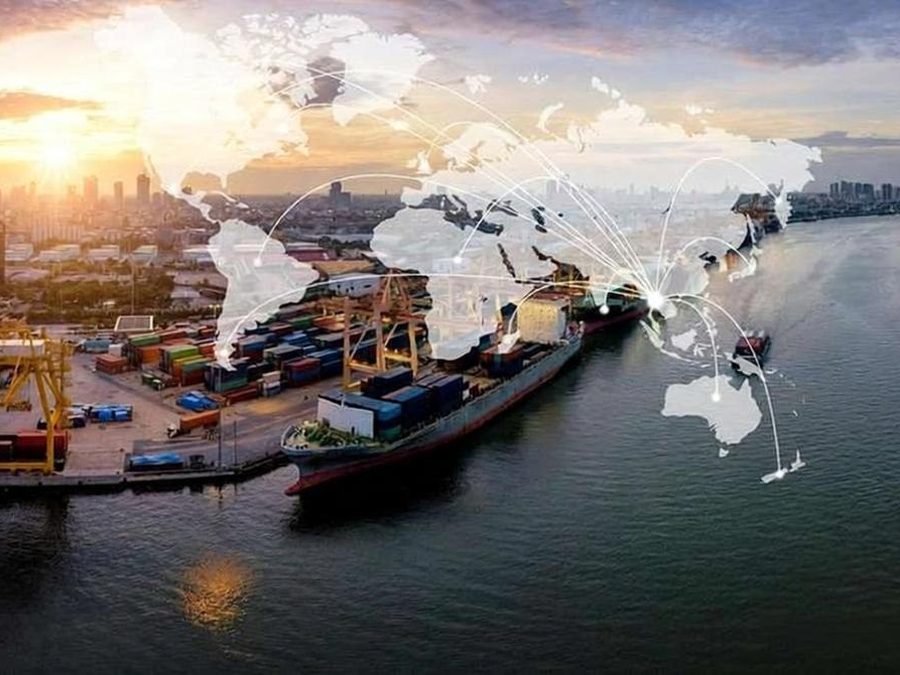 Global logistics network linking ports, air freight and road transport